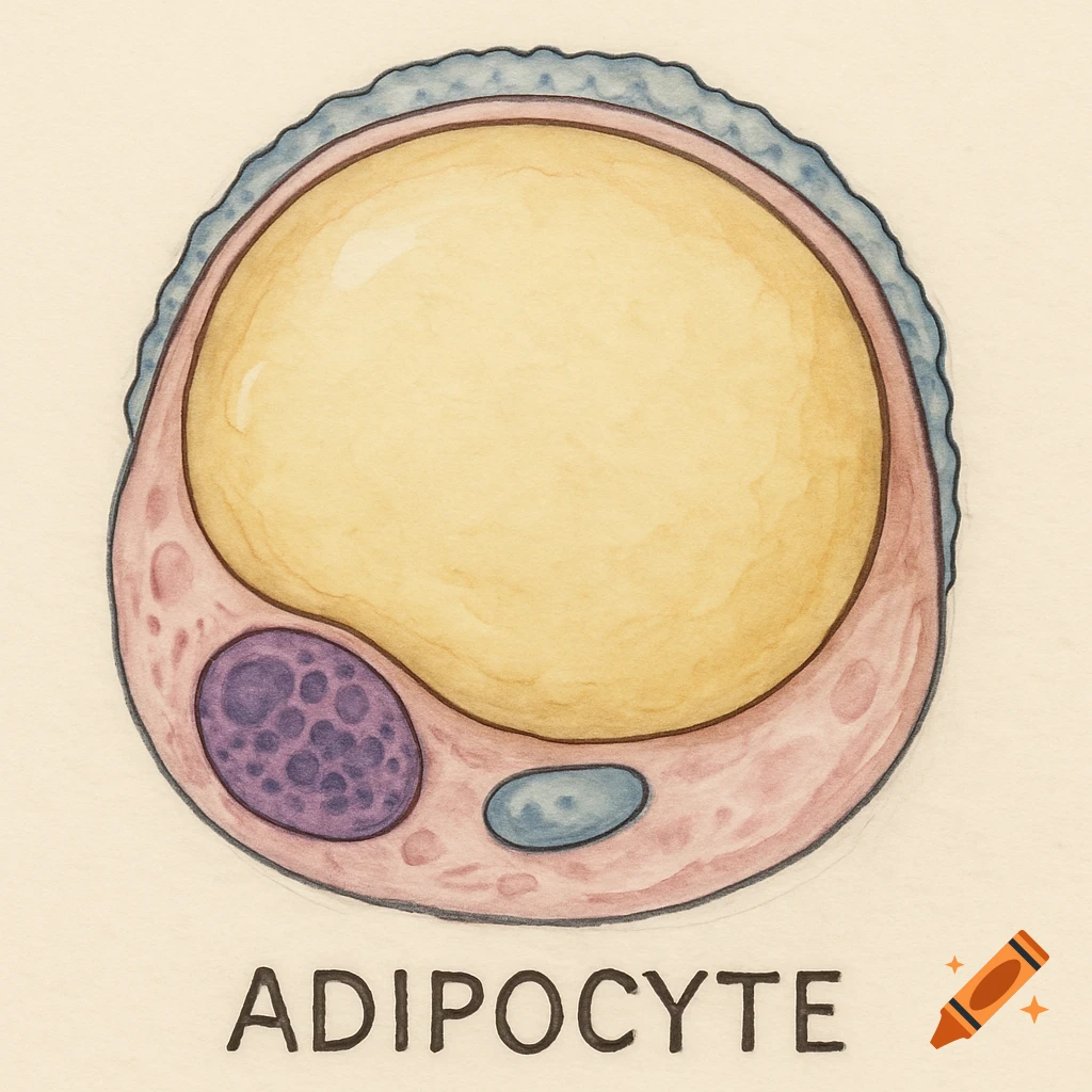 Watercolor drawing of an adipocyte cell labeled ADIPOCYTE.