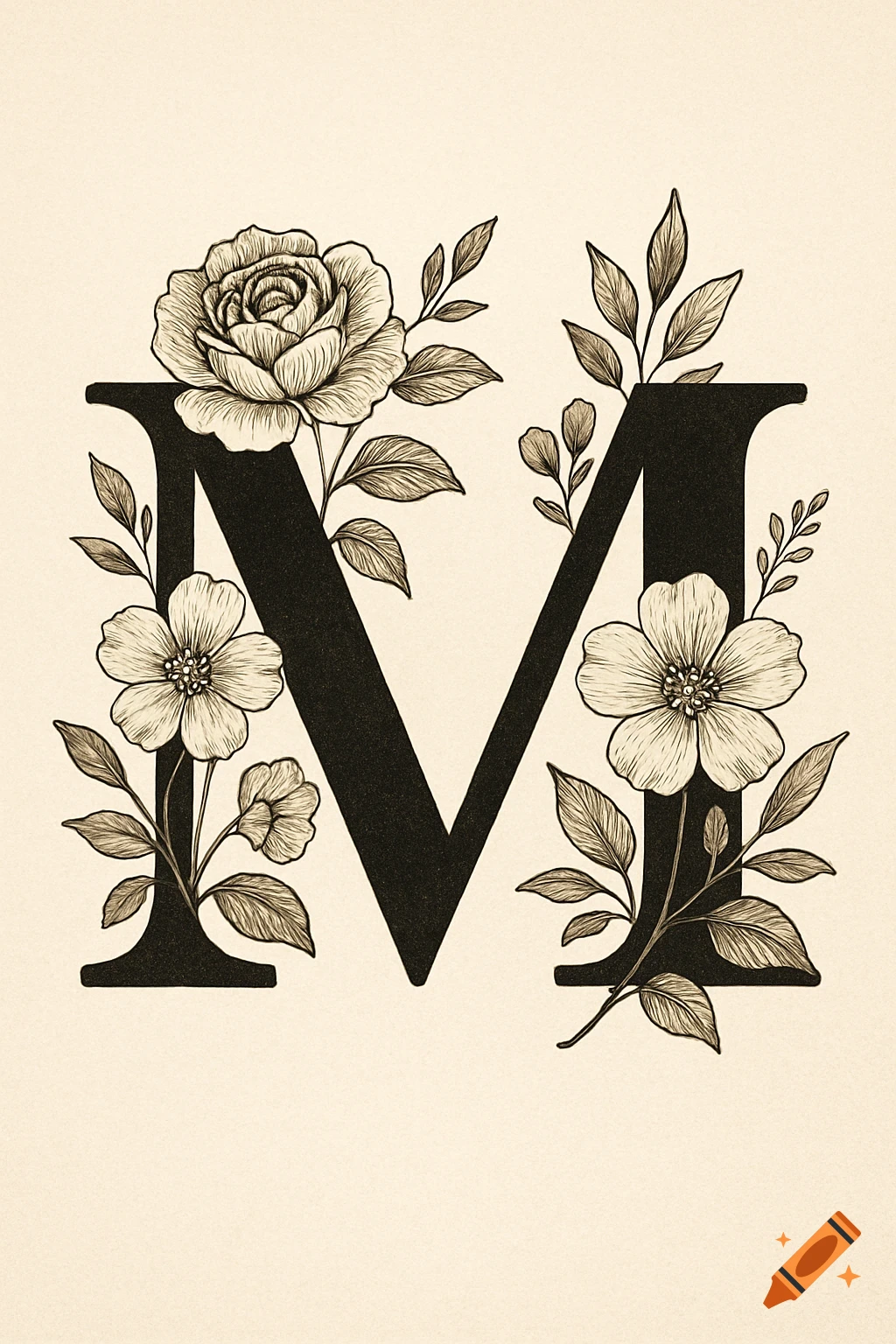 An illustrated black letter M decorated with flowers and leaves on a light background.