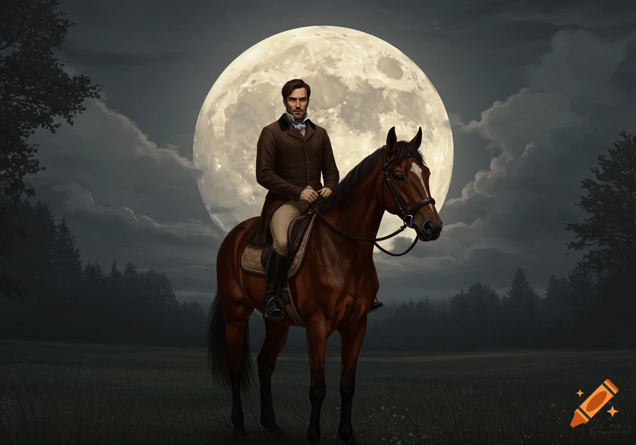 19th century man on horseback under a full moon at night.