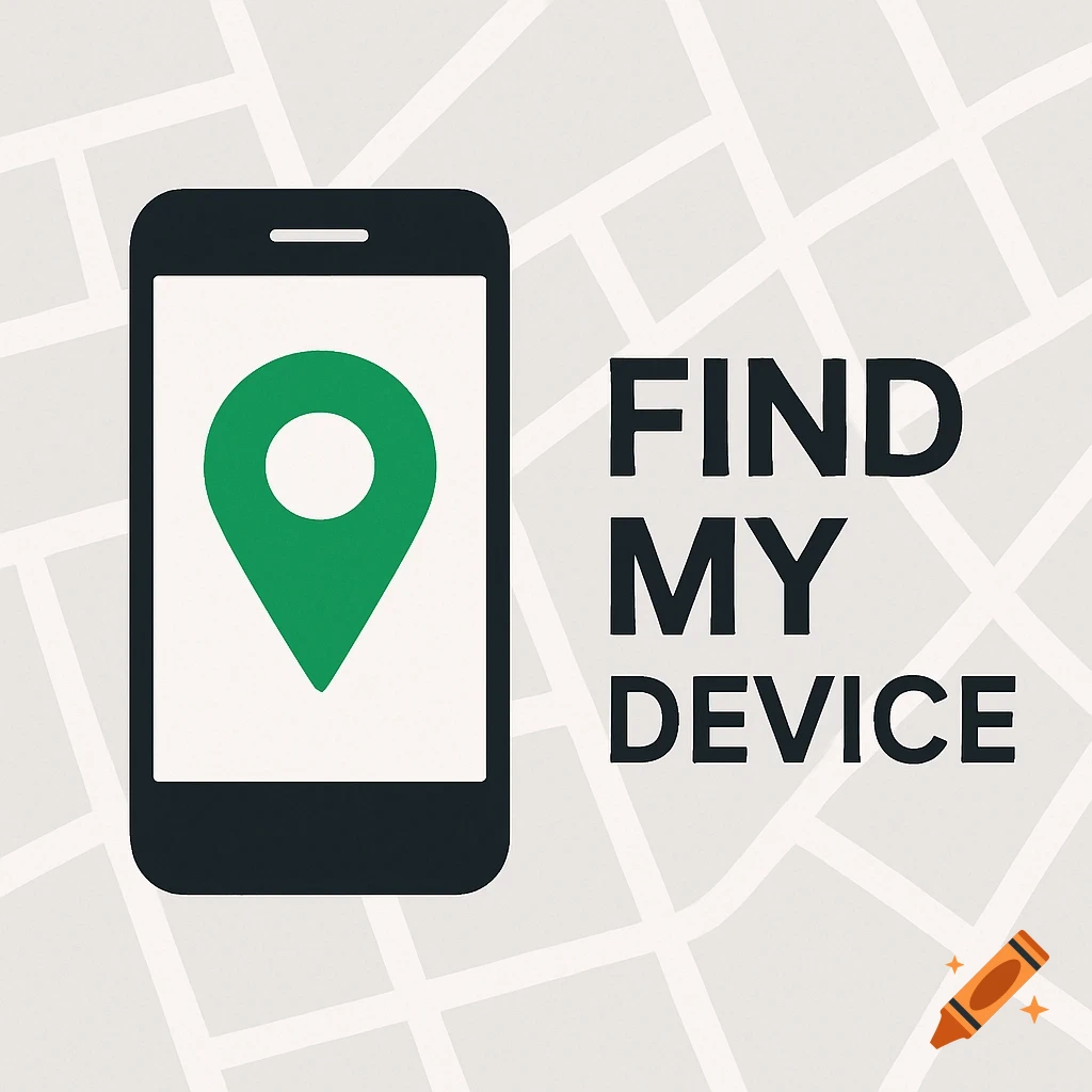 Smartphone icon with location pin and 'FIND MY DEVICE' text on a map background.