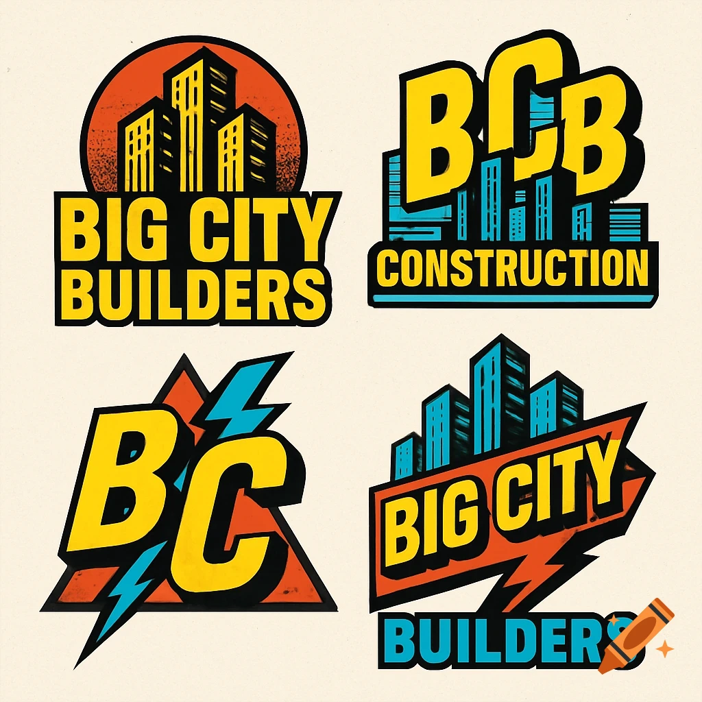 Four construction company logos in an 80s retro graphic style.