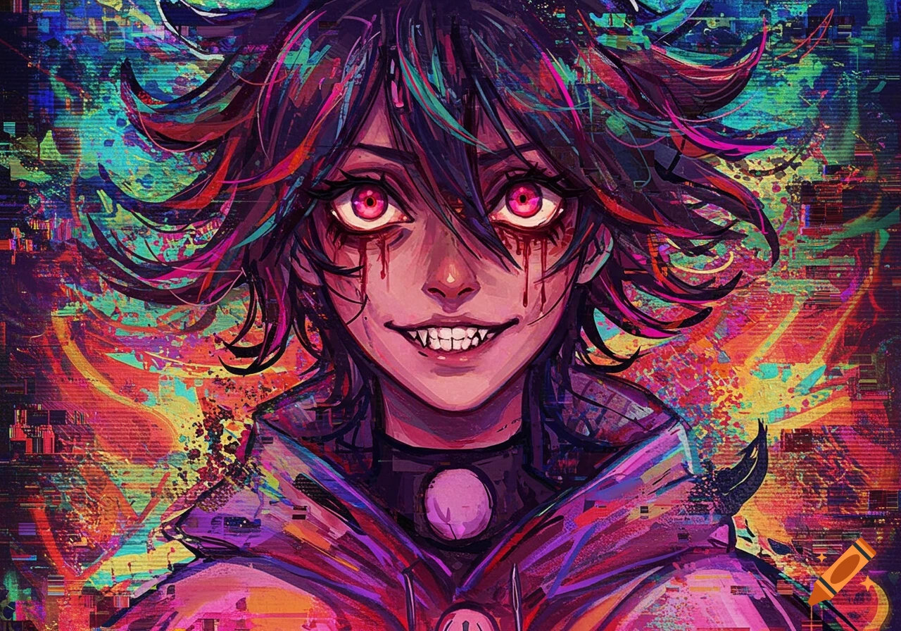 A close-up of a stylized character with vibrant pink eyes, streaks below the eyes, sharp teeth, and dark hair, against a chaotic, colorful abstract background with glitch effects.