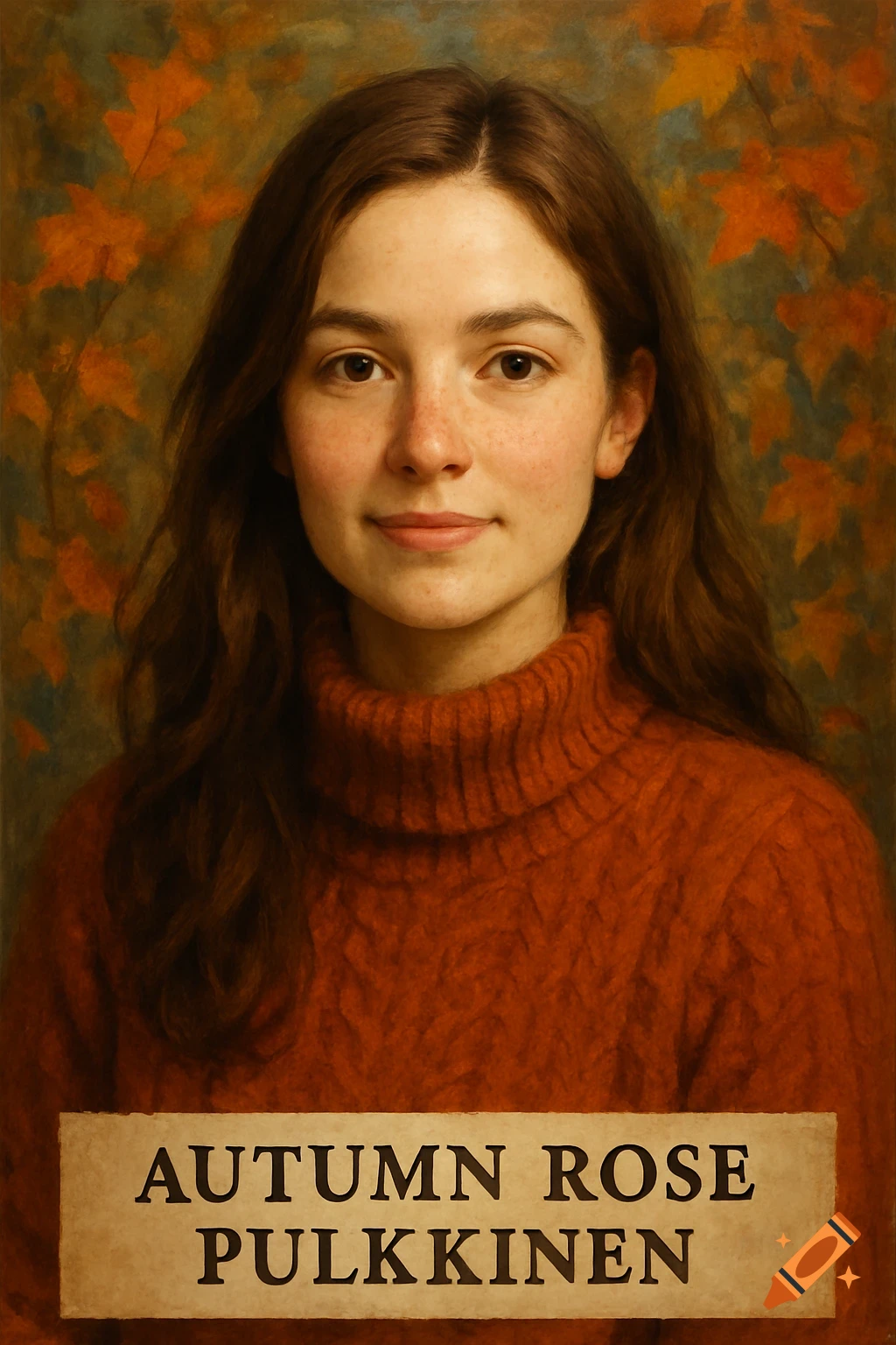 A woman in an orange sweater stands amidst autumn leaves.