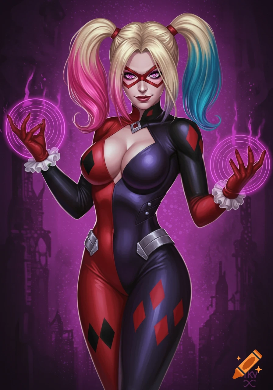 A super villainess similar to Harley Quinn in a red and black suit, holding glowing purple energy.