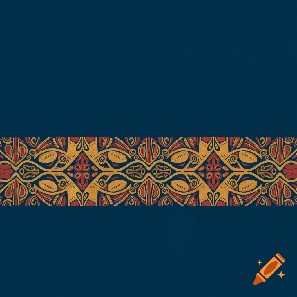 Horizontal band with gold and red ethnic pattern on a blue background