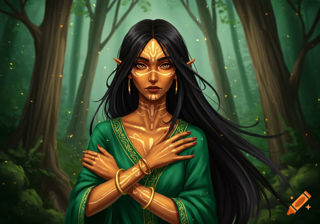 A fantasy woman with face markings and pointed ears stands in a forest.