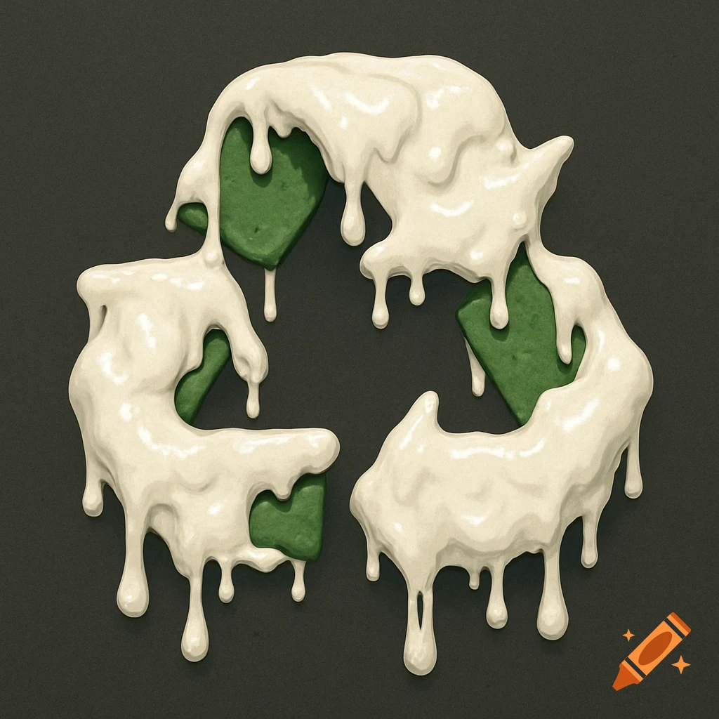 A recycling logo covered in dripping white slime.
