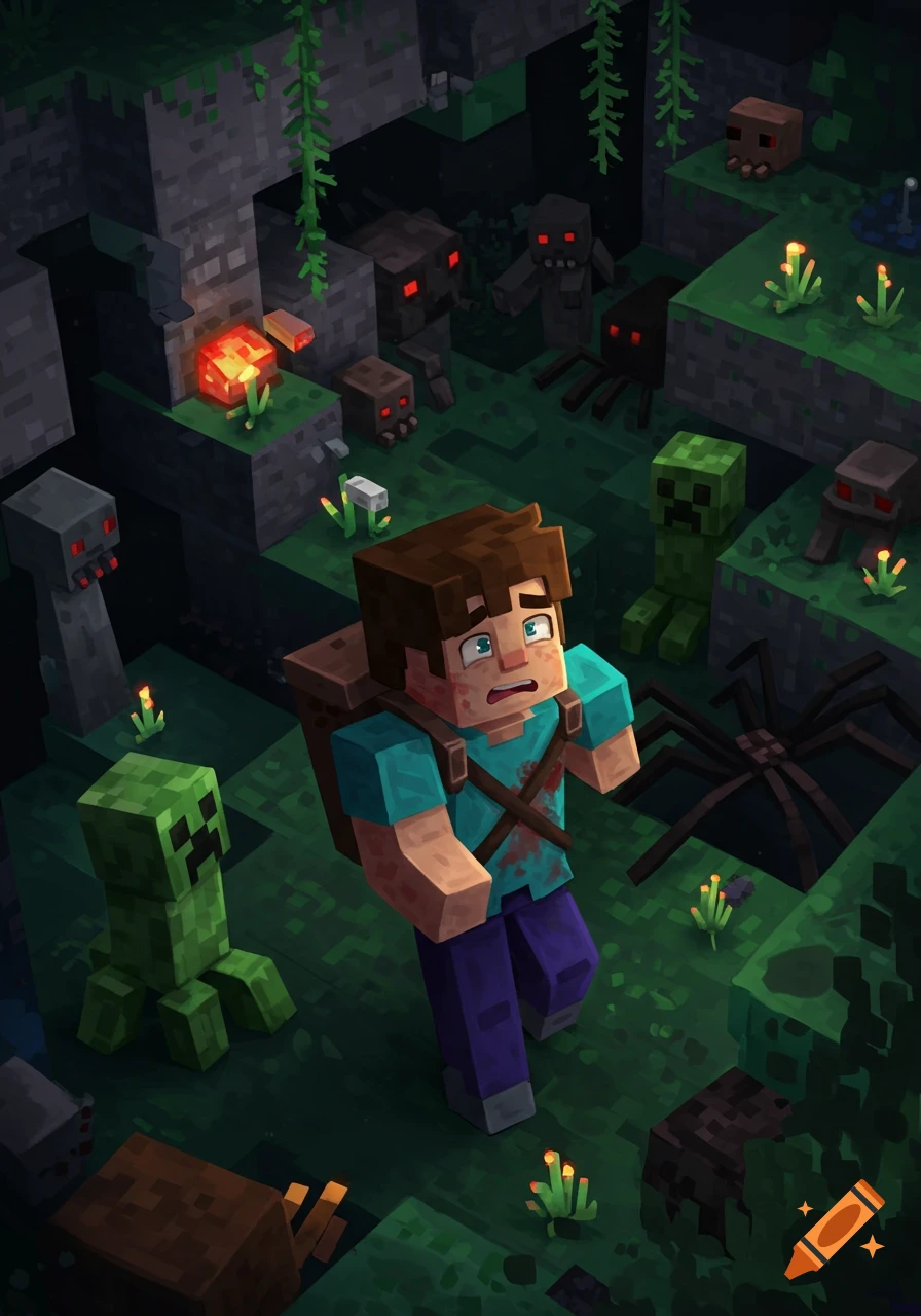 Minecraft character Steve scared in a dark cave, surrounded by monsters.