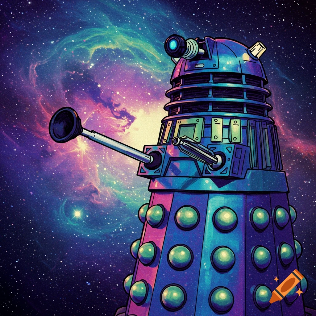 A stylized illustration of a Dalek in space with a colorful nebula in the background.