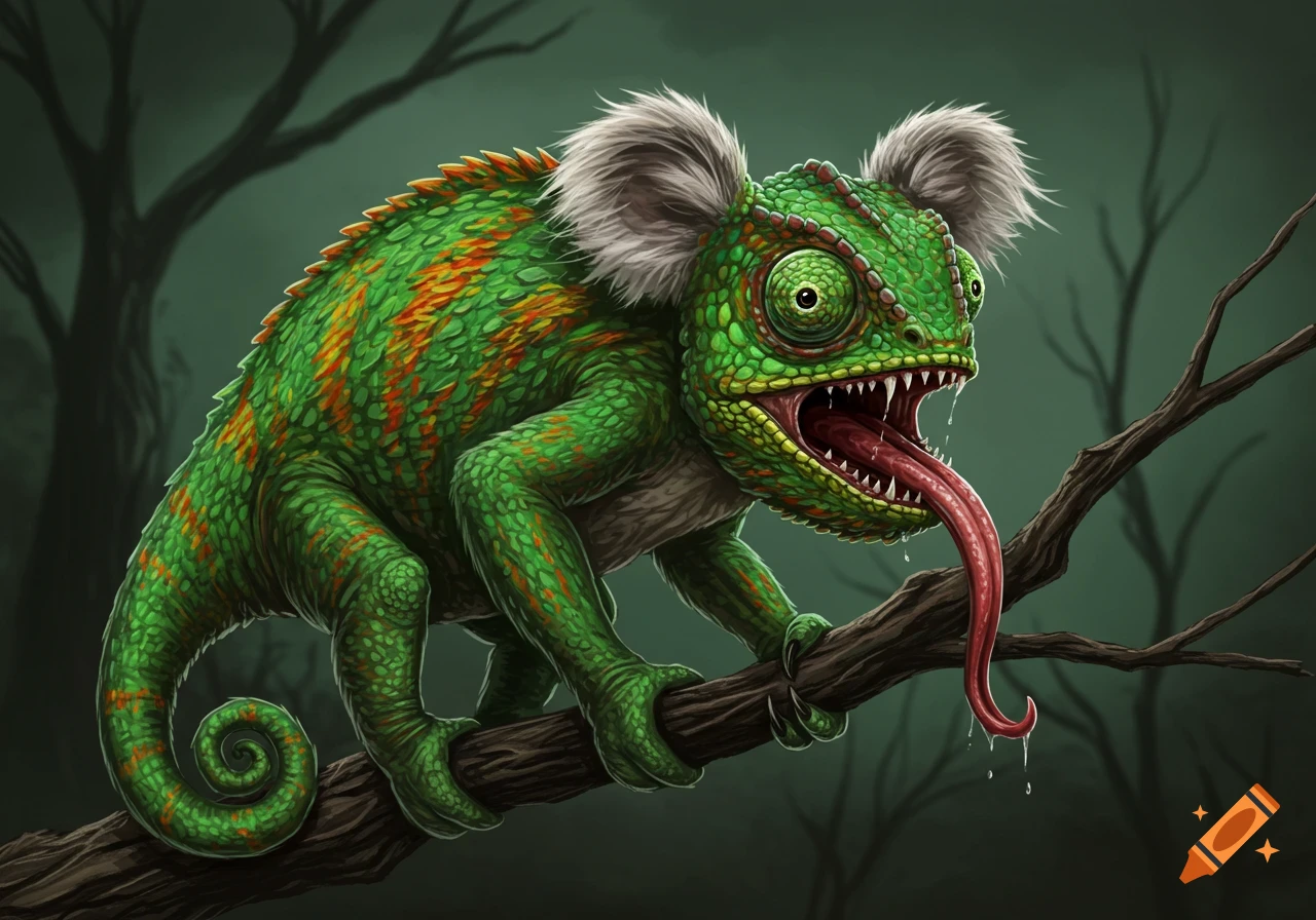 An intimidating monster creature combining a chameleon and a koala sits on a tree branch.
