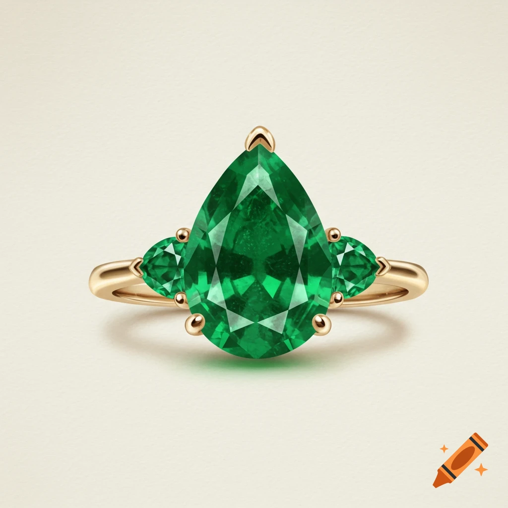 Gold ring with a large pear-shaped emerald and two smaller side emeralds