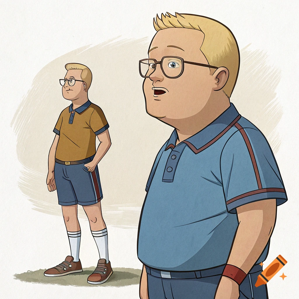 Two views of a cartoon character resembling Bobby Hill and Holt Richter, wearing a polo and shorts in an illustration style.