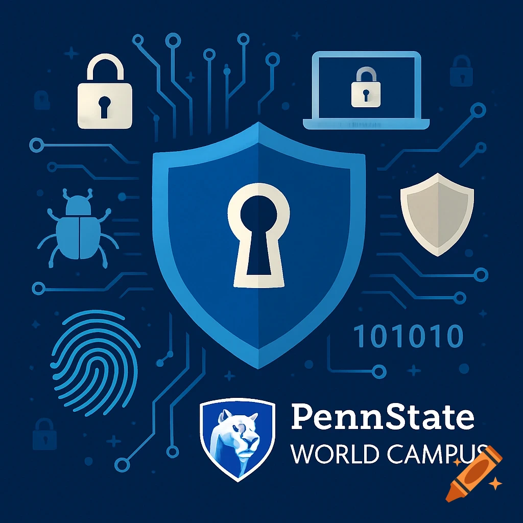 Illustration of cybersecurity elements like a shield, keyhole, circuit board, fingerprint, and the Penn State World Campus logo.