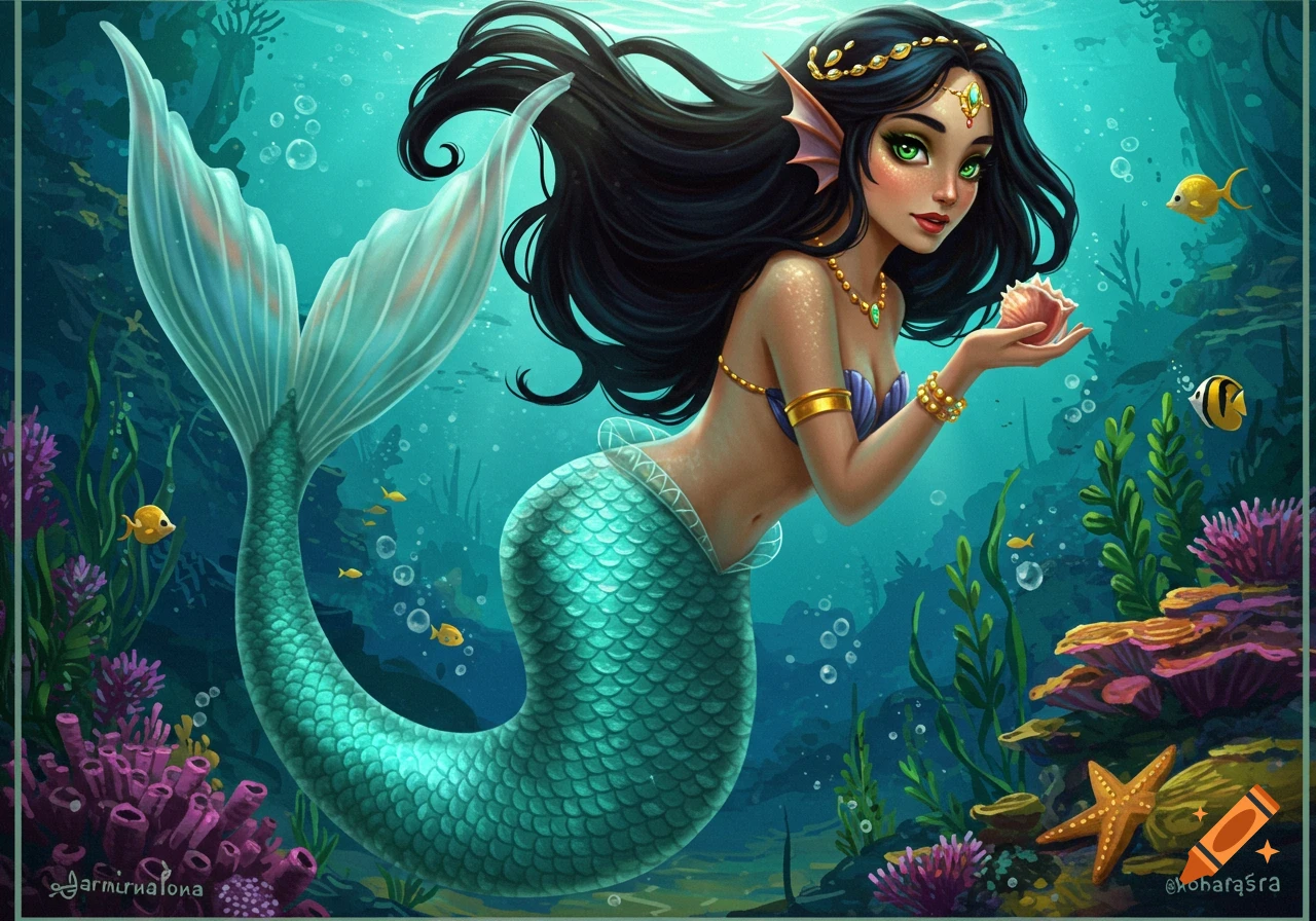 A mermaid holding a seashell underwater amongst coral and fish.