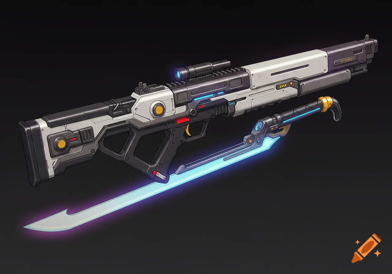 A futuristic rifle and glowing blue sword.