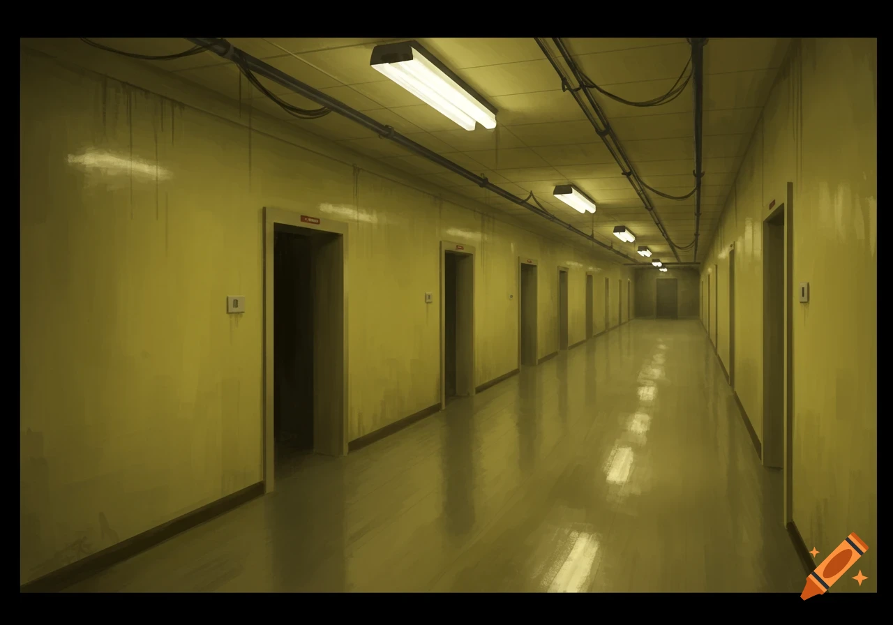 A long, empty, yellow hallway with many doors and fluorescent lights, characteristic of the Backrooms.