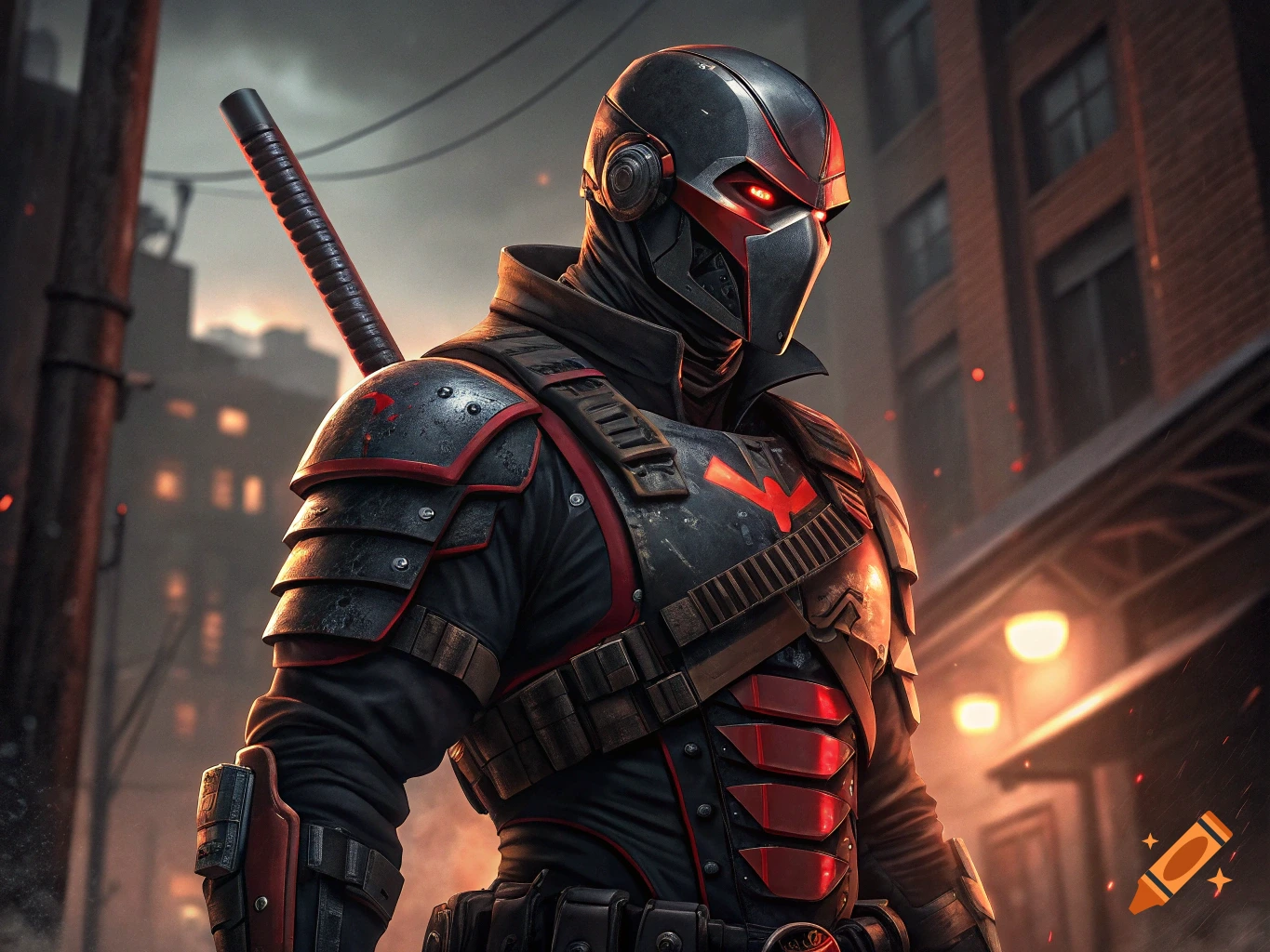 A masked character in black and red armor with glowing red eyes stands in an urban alley with a sword.