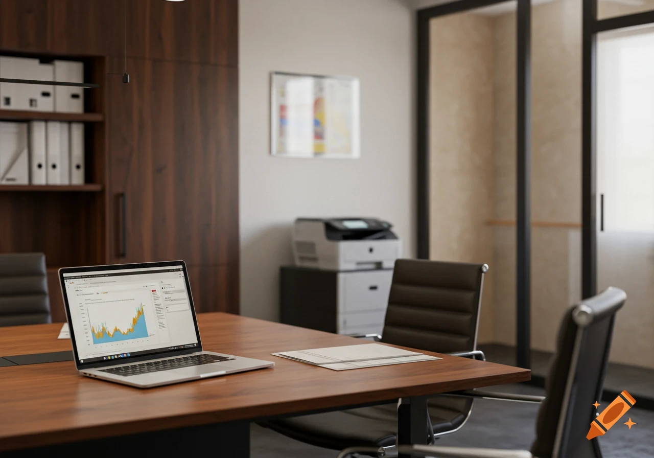A modern office interior with a laptop displaying charts on a table, chairs, and a printer in the background.