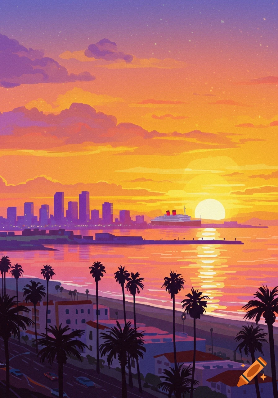 A city skyline, beach, palm trees, and a ship on the ocean during a vivid orange and purple sunrise.