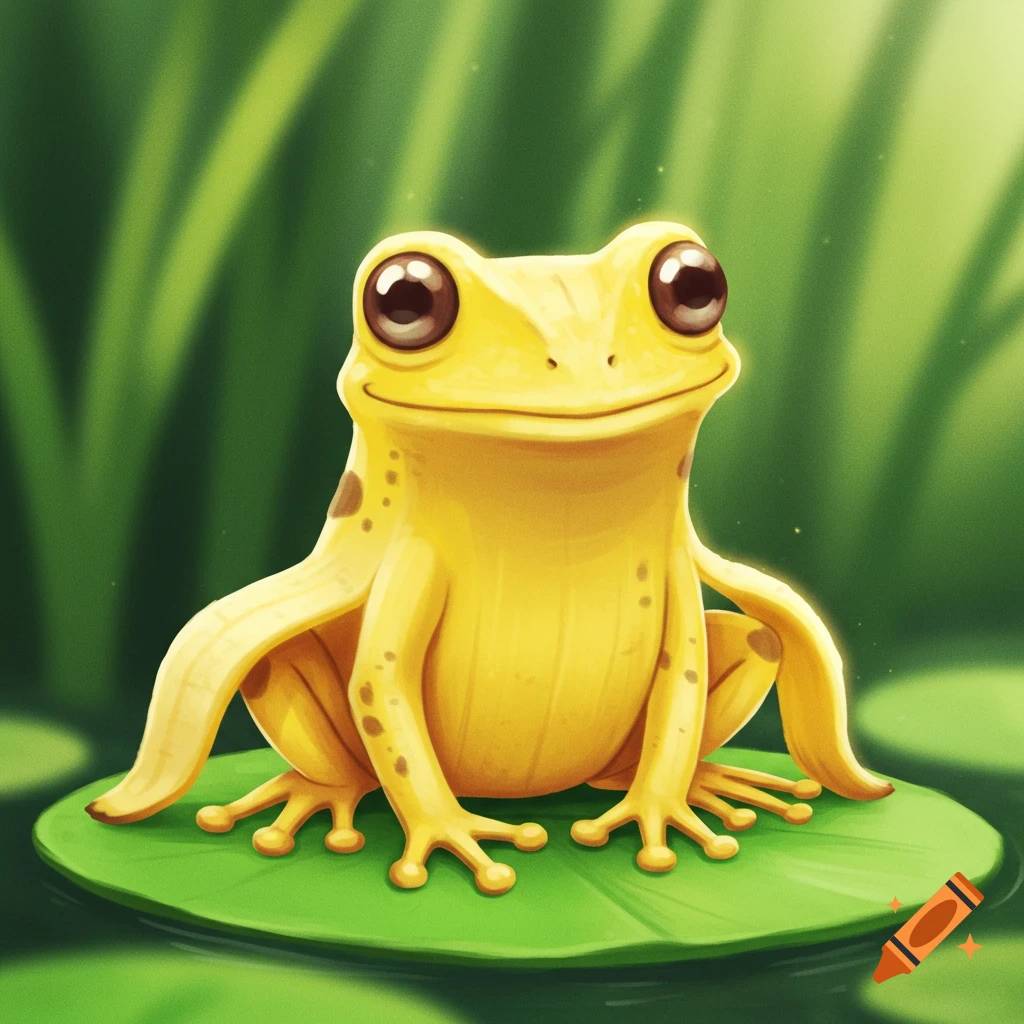 A cartoon banana peel frog sits on a lily pad