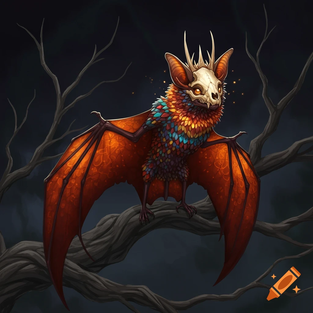 A fantasy bat with colorful feathers and a skull face is perched on a tree branch.