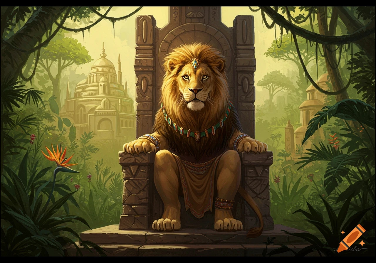 Regal lion king sits on an ancient stone throne in a lush jungle kingdom, fantasy illustration.