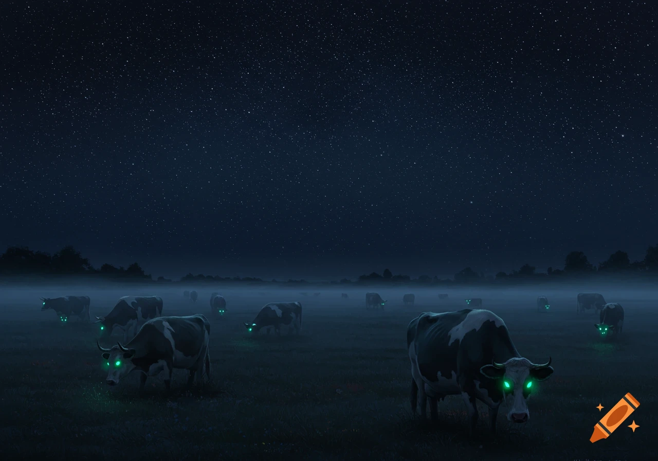 Cows with glowing green eyes are in a foggy field at night under a starry sky.