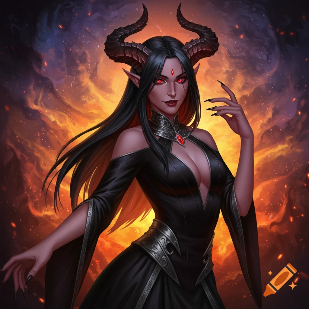 A woman with horns and red eyes stands against a fiery background.