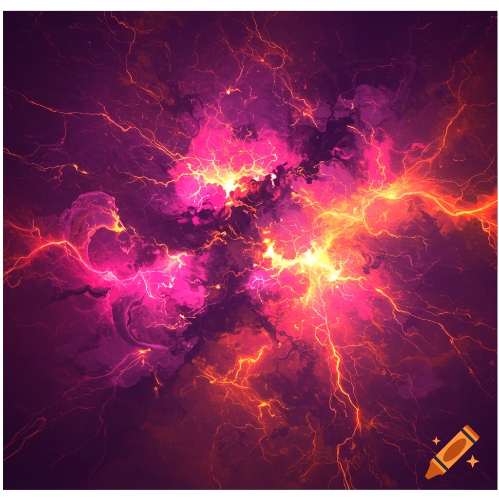 Abstract depiction of swirling pink and orange energy on a dark background.