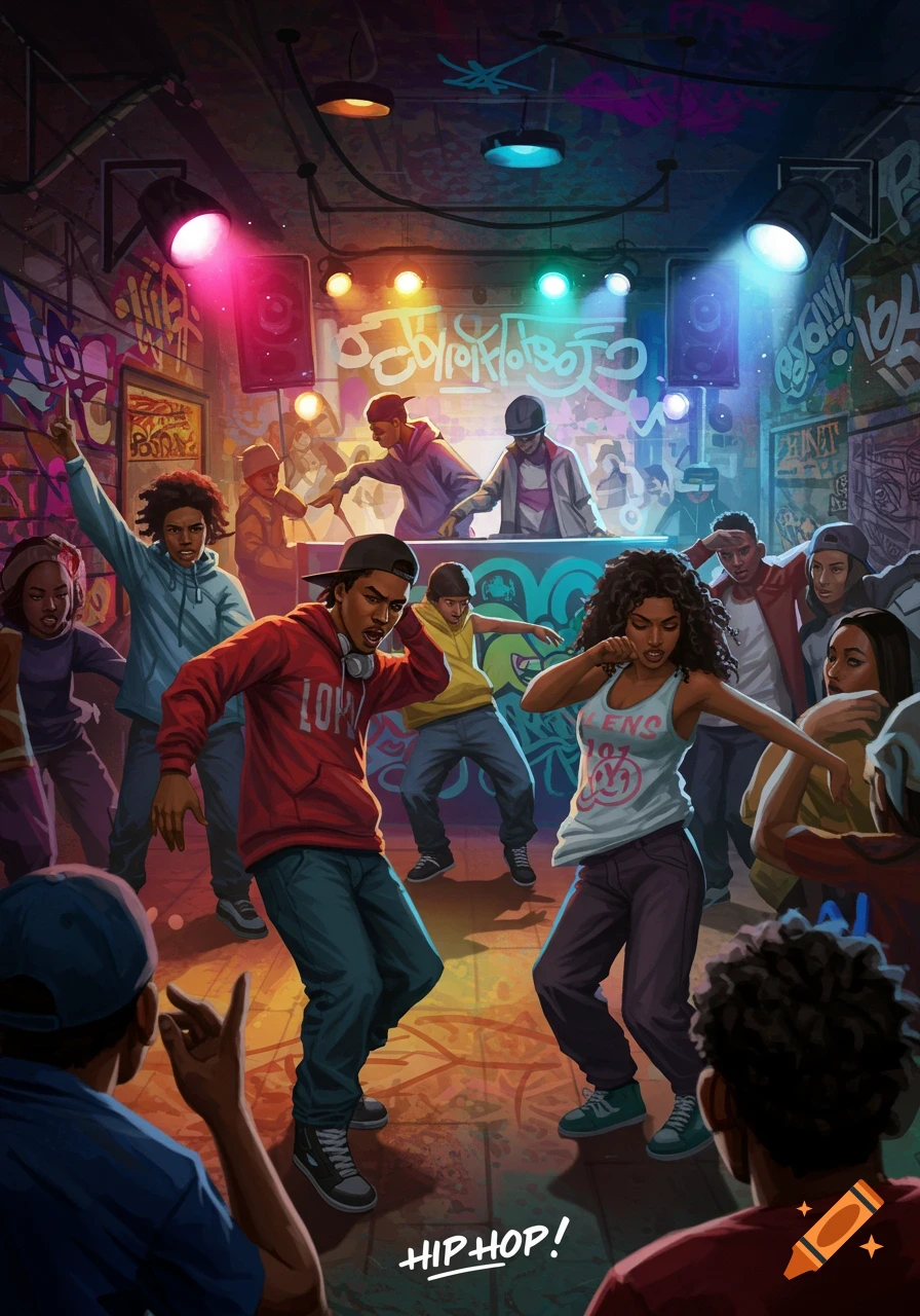 People are dancing in an underground club with graffiti, lights, and a DJ booth.