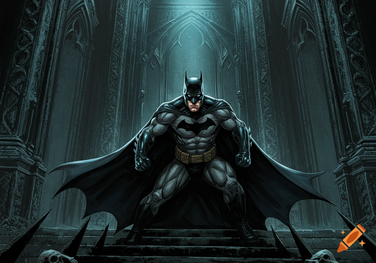 Batman stands dramatically on stairs in a gothic fortress.