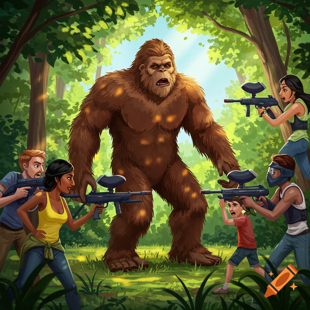 People playing paintball with Bigfoot in a forest