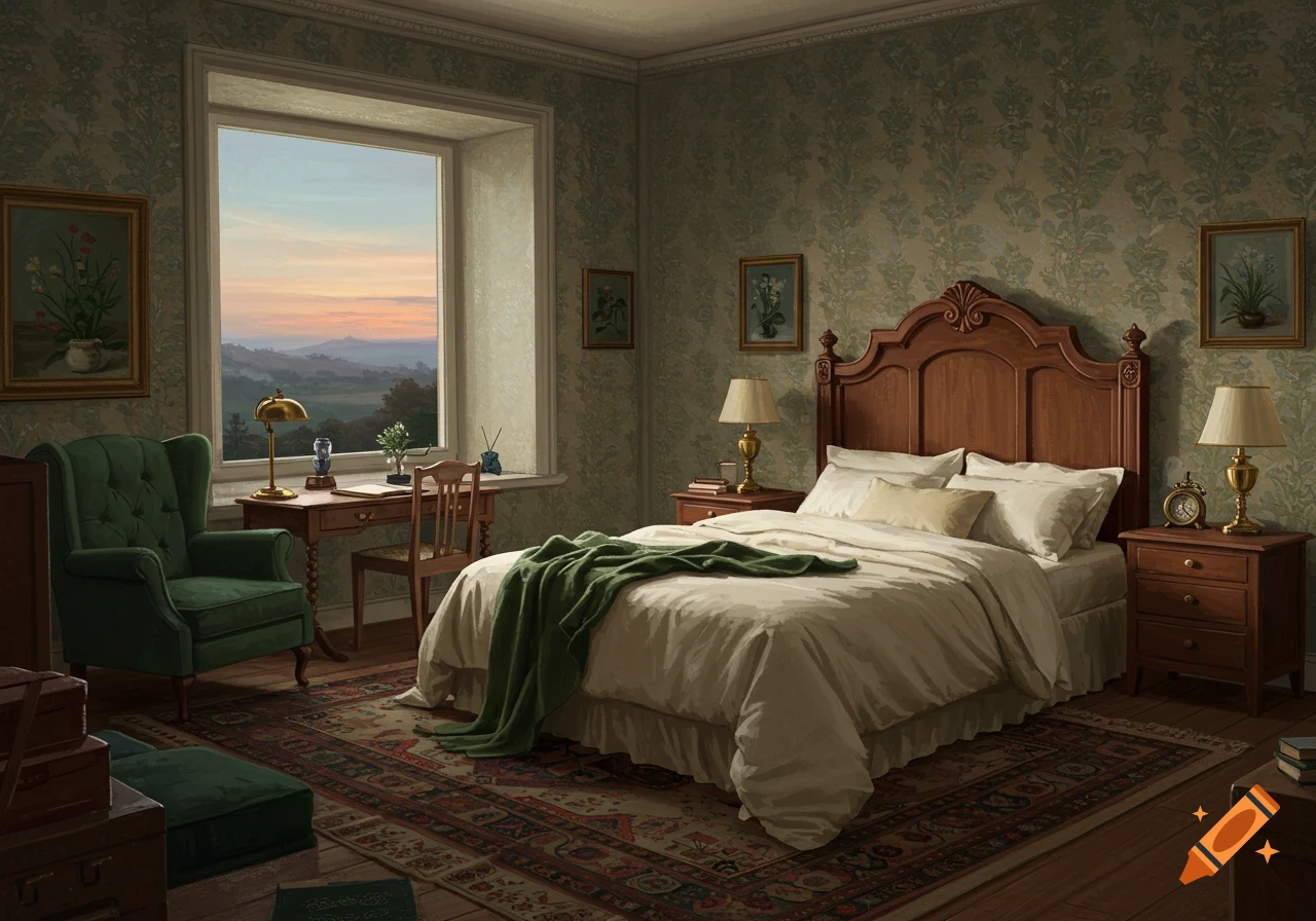 Traditional bedroom with a view of a landscape from a large window
