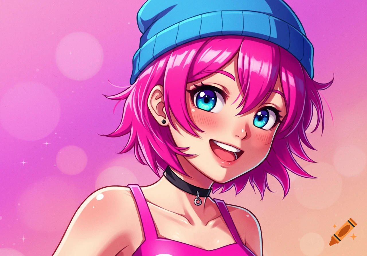 Anime portrait of a girl with pink hair, blue beanie, and pink top smiling.