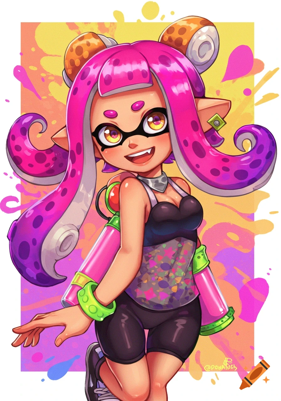 Frye from Splatoon with pink tentacles and black mask smiling against a colorful background.
