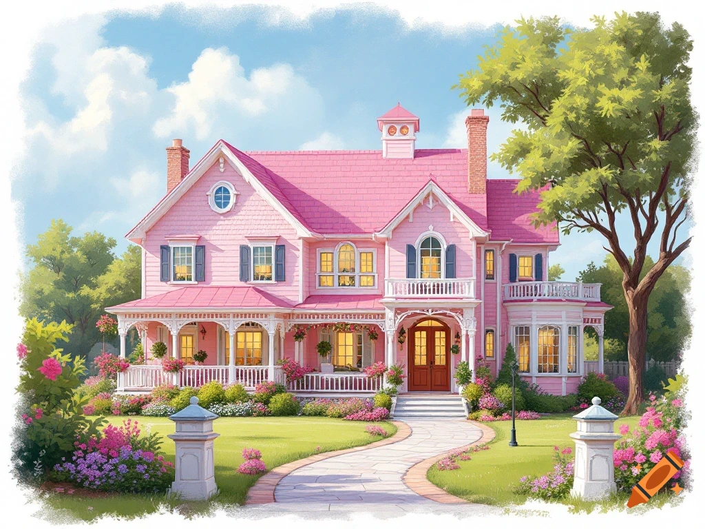 A bright pink house with a porch, garden, and path.