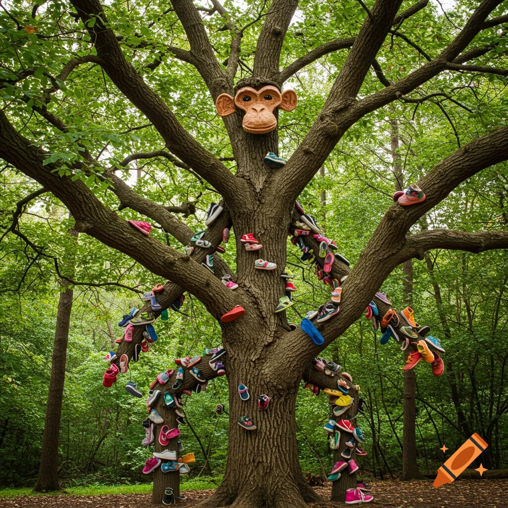 A large tree in a forest is covered in colorful shoes and has a monkey face attached to its trunk.