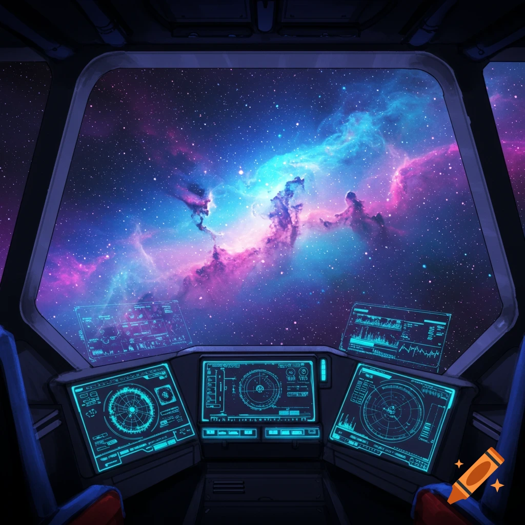 A spaceship cockpit view of a colorful nebula and stars in space.