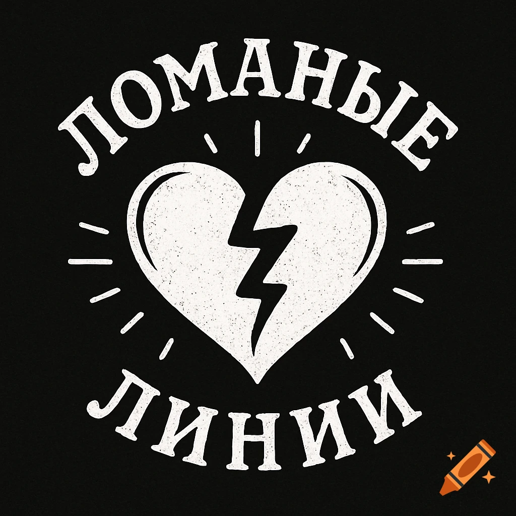 White broken heart symbol with text 'Ломаные линии' on black background in tattoo style.