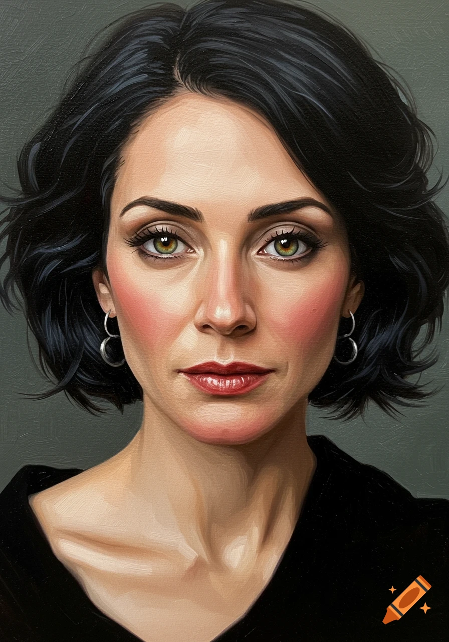Oil painting portrait of a woman with short dark hair and green eyes.