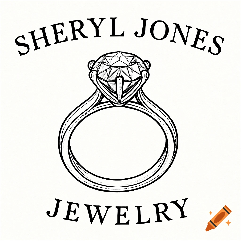 Black and white line drawing of a diamond ring with 'Sheryl Jones Jewelry' text.