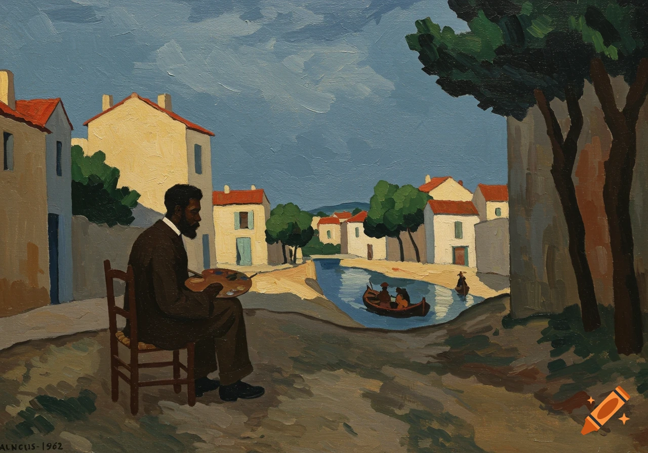 A painting in Fauvist style shows a Black artist sitting and painting a town scene by a river.