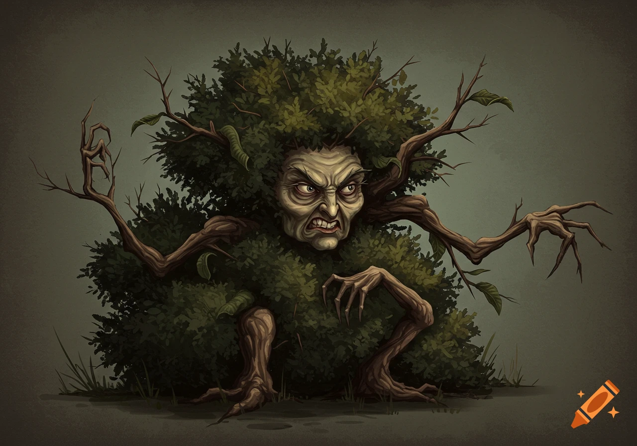 angry face emerging from a bush with branch limbs.