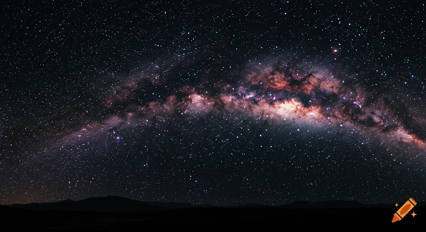 Milky Way galaxy arc over a dark landscape at night.
