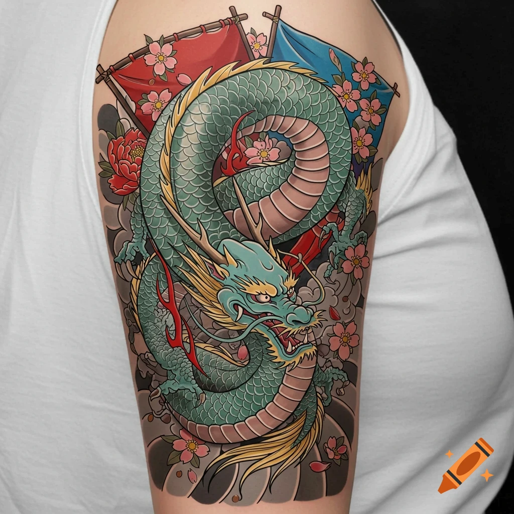 Large green dragon tattoo on an arm, with red and blue flags, cherry blossoms, and smoke.