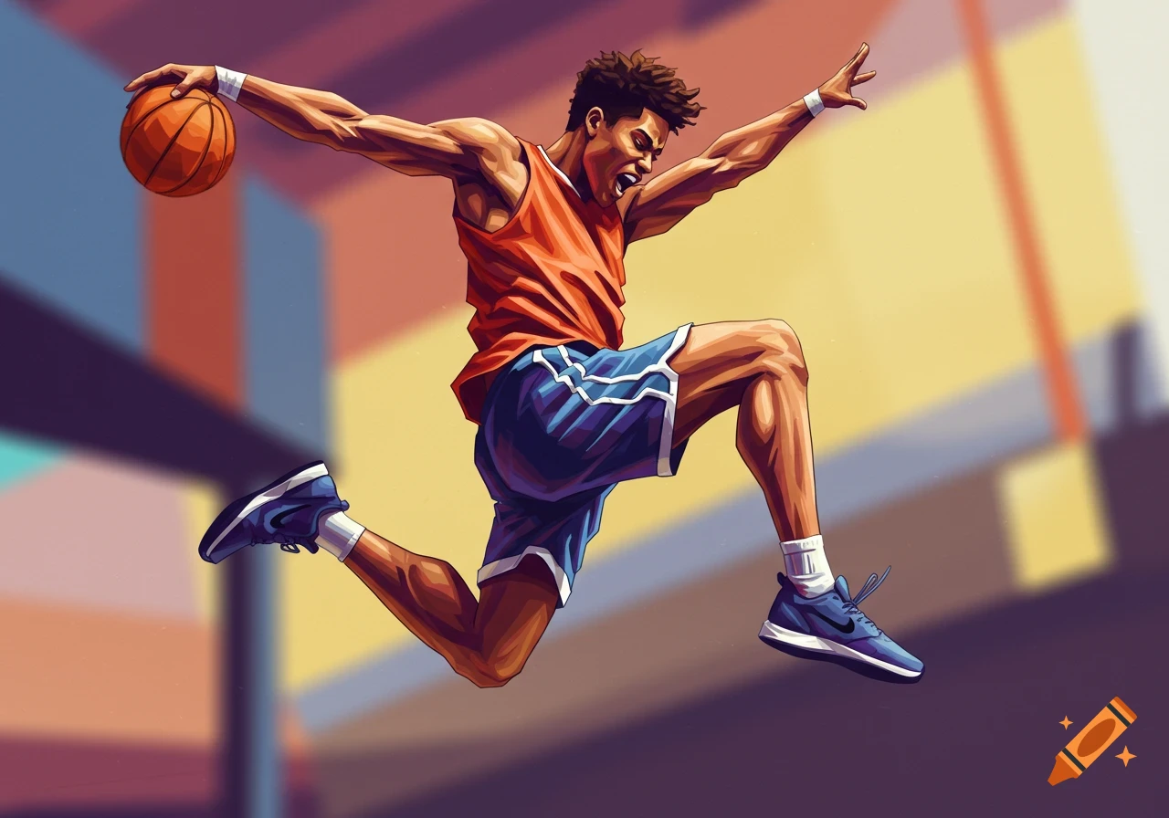 A man in a basketball uniform is captured mid-air, holding a basketball while jumping.