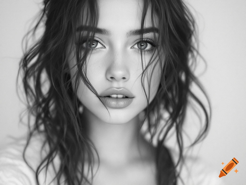 Black and white portrait of a woman with wet hair.