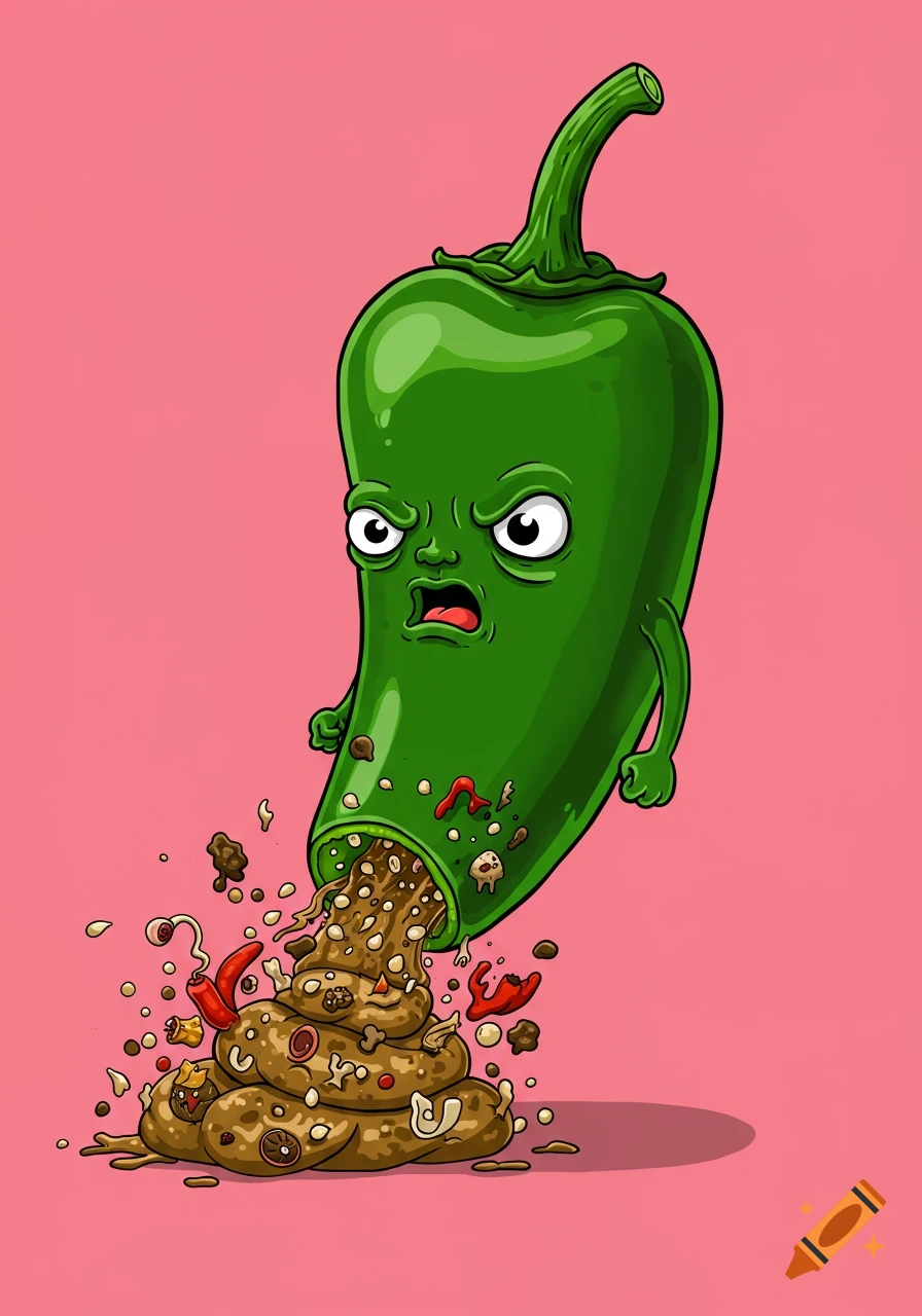 Cartoon jalapeno character with angry face pooping a pile of beans and chili on a pink background.
