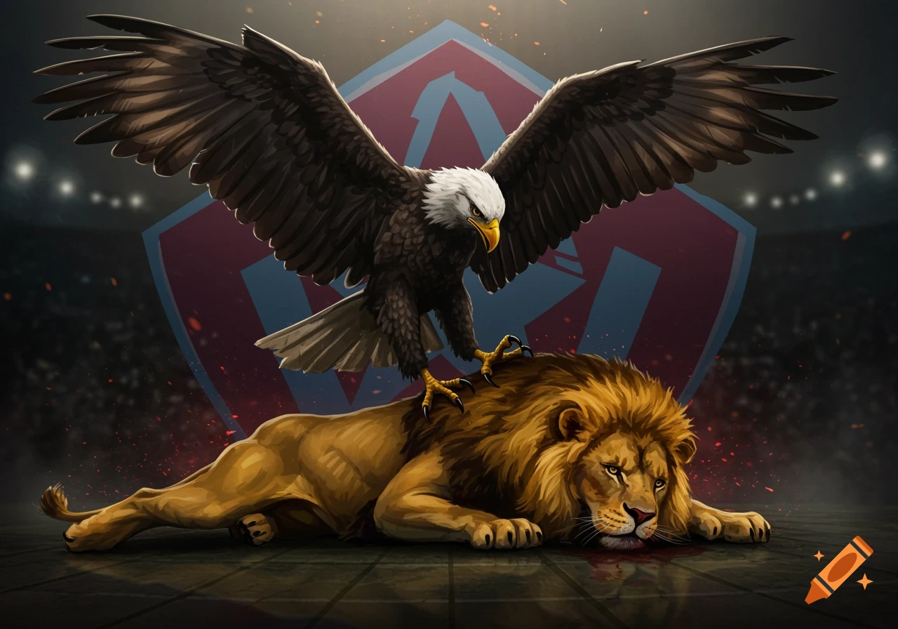 Digitally painted eagle stands victoriously on a defeated lion in a stadium.