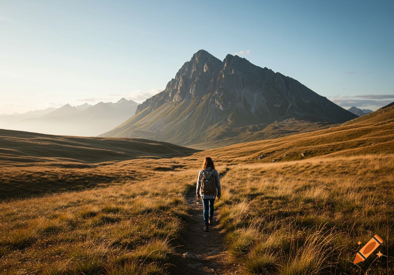 Person with backpack walks on a path towards a mountain in a sunlit valley.